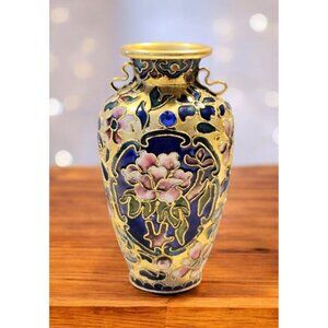 Vintage Chinese Cloisonne 4" Enamel Decorative Vase Floral Gold Blue Pink